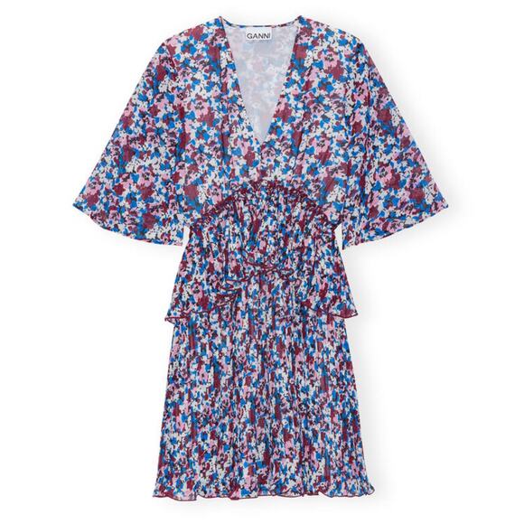 NWT Ganni Pleated Georgette Mini Dress Multi-Color Flounce V-Neck NEW sz 36 - Picture 9 of 16